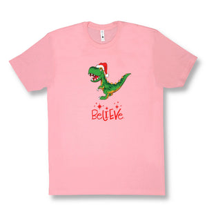 Positive Message Short Sleeve T-Shirt Adult | 100% Cotton | Christmas T-Rex Believe